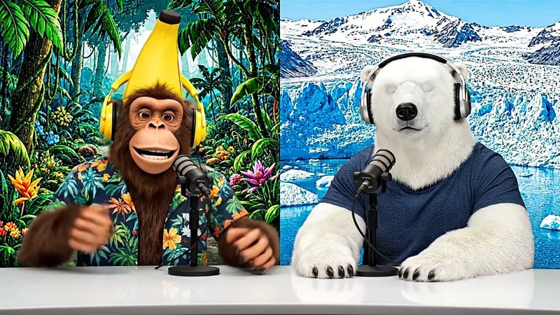 Veo 3.1 image to video: a monkey and a polar bear hosting a podcast at two microphones