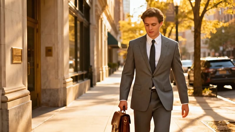 Veo 3.1 image to video: a man in a grey suit with a briefcase walking down a sunlit city street before he slips